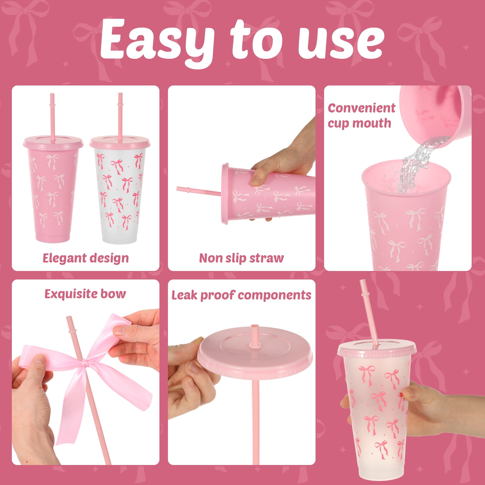 24 Pcs 24oz Bow Plastic Cup with Lid Straw and Ribbon Reusable Tumbler for Birthday Wedding Baby Shower Bridal Party Pink
