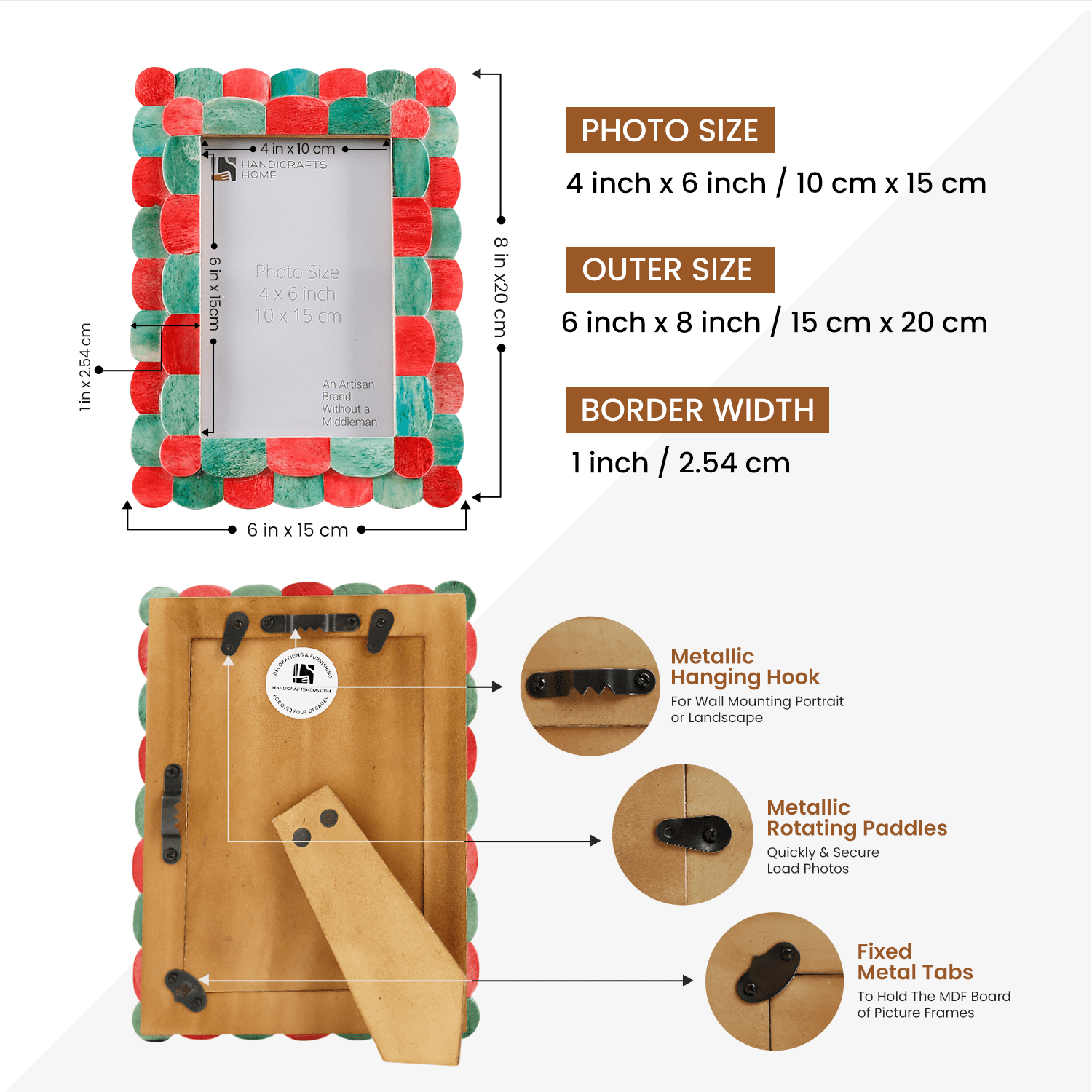 Handicrafts Home 4x6 Picture Frame, Green Red Handmade Scallop pattern Bone inlay Photo Frame for Wall & Tabletop, Farmhouse Vintage Home Decor, Gallery Wall & Desk Decor, Family Picture Frame