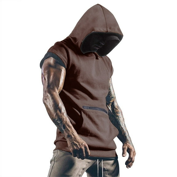 XIAONU Sleeveless Sport Hoodies For Men Loose Kangaroo Pocket Hooded Vest Soft Breathable Gym Hoodie Brown S
