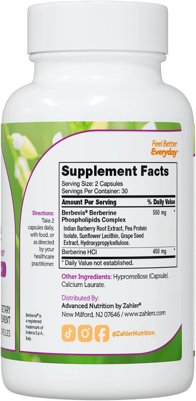 Zahler Berberine Supplement 1000mg with Clinically Evaluated Berbevis Complex and Berberine HCl - Barberry Supplements for Metabolism Glucose and Weight loss Support for Adults (60)