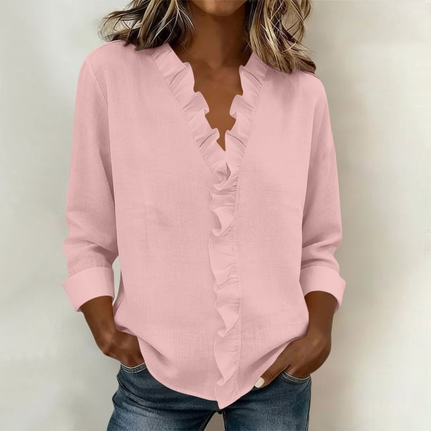 Craaazy Women's Relaxed Fit V Neck Blouse, Solid Color Long Sleeve Ruffle Accent Top, Loose Comfy Cotton Linen Tee for Work & Daily Wear Gifts