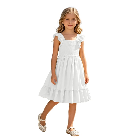 ASEIDFNSA Girls Ruffle Sleeve Boho Dress with Tiered Hem Soft Fabric and A Line Skirt (White,10-11 Years)