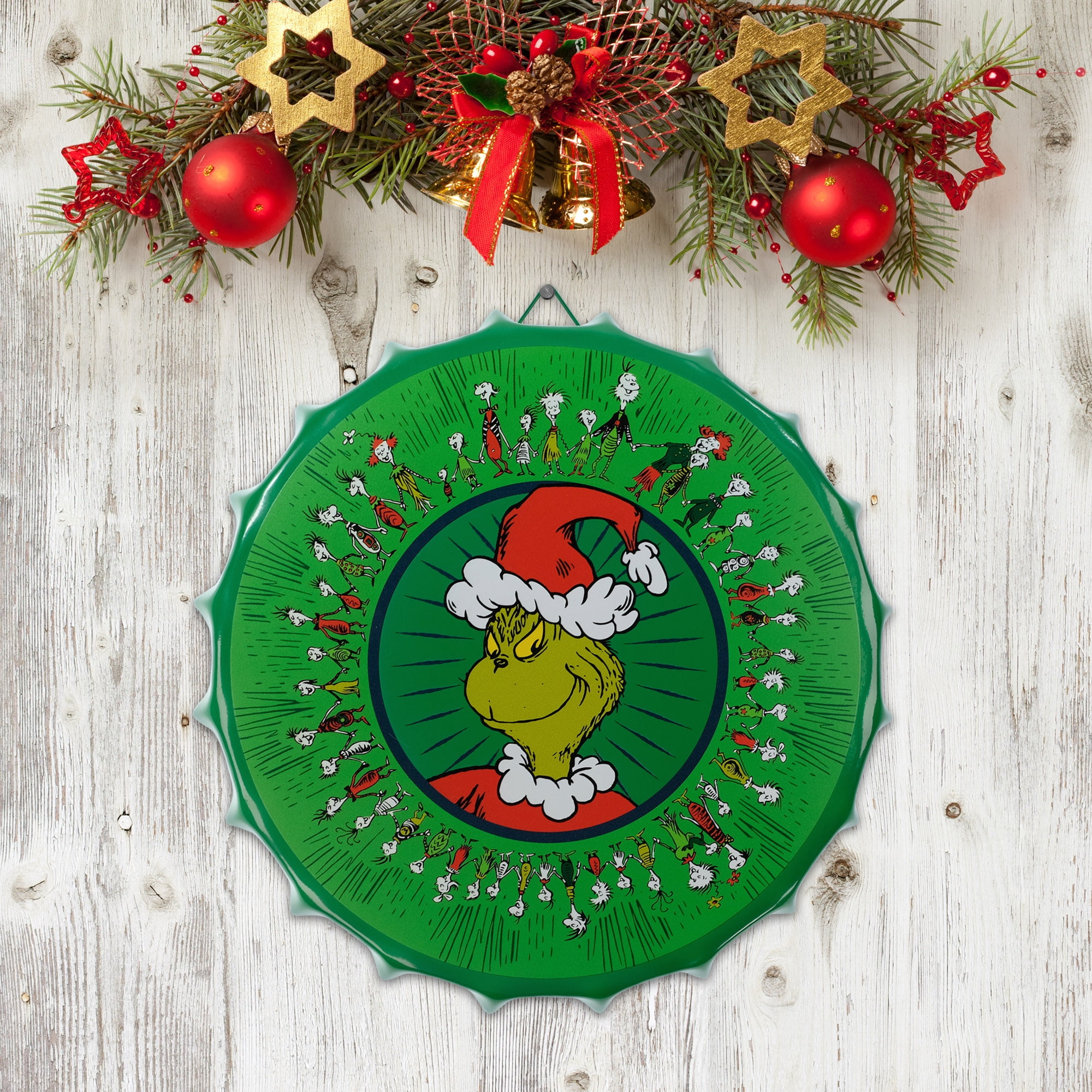 Grinch Round Metal Bottle Cap Sign, 11.6" Diameter, Green, Novelty, by Ruz