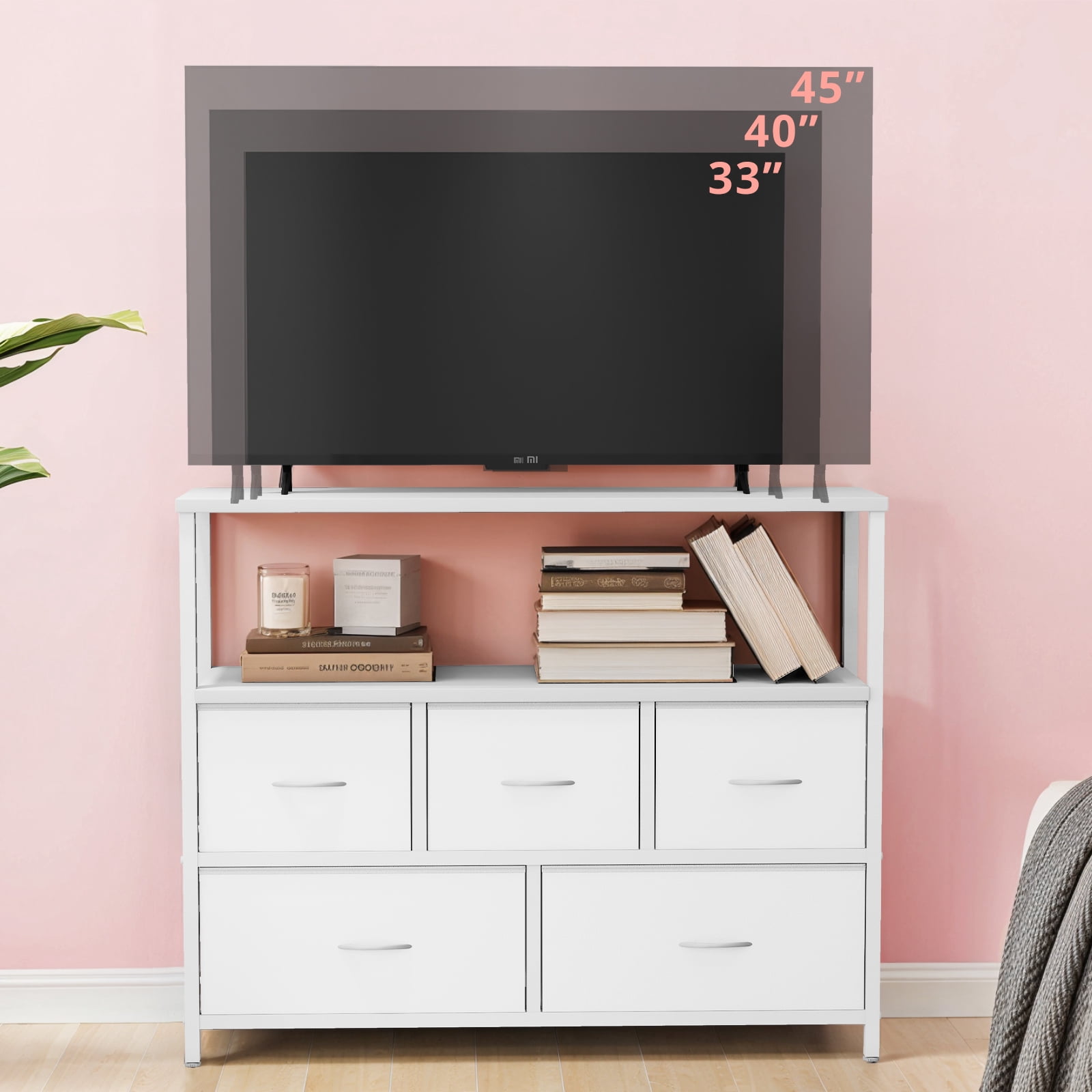 TV Stand, White Dresser for Bedroom, Entertainment Center for 45 Inch TV with Drawers, Fabric, Adjustable Feet, Living Room
