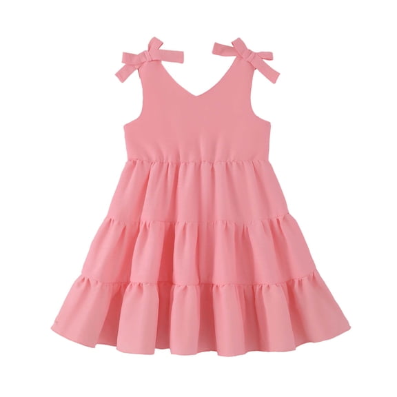 KIMI BEAR 4T Toddler Girls Dress 5T Child Girl Sundress Sleeveless Bowknot Off the Shoulder A-line Dresses Solid Color Clothing Pink