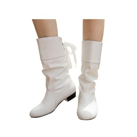 

Kesitin Winter Boots for Women Ladies Faux Leather Knee High Boots Chunky Block Heel White Boot Mid Calf White 7