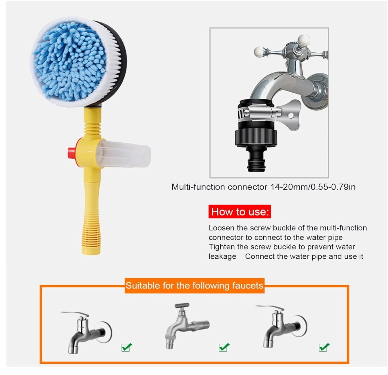 Rotating Car Wash Brush, High Pressure Car Foam Brush Rotating Automatic Sponge Hose Washing with Cleaner Cup Car Styling