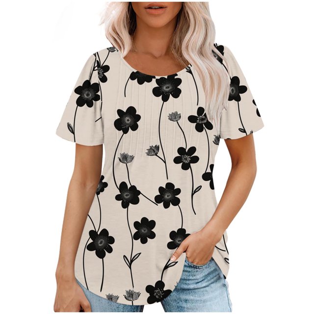 Hauts d'Été à Manches Courtes Mode Femme 2024 Blouses Plissées Décontractées Col Rond Couleur Unie t-Shirts (Grand, Noir 03)