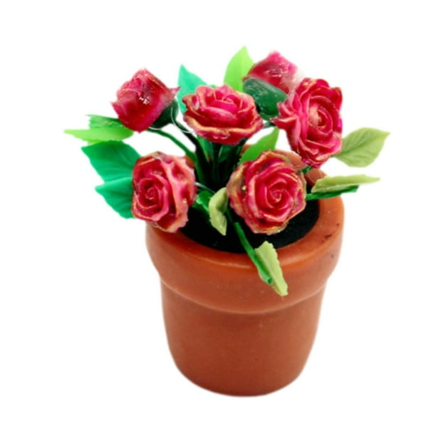 Flores en maceta Hugo de resina para casa de muñecas 1:6 1:12 Flores rojas