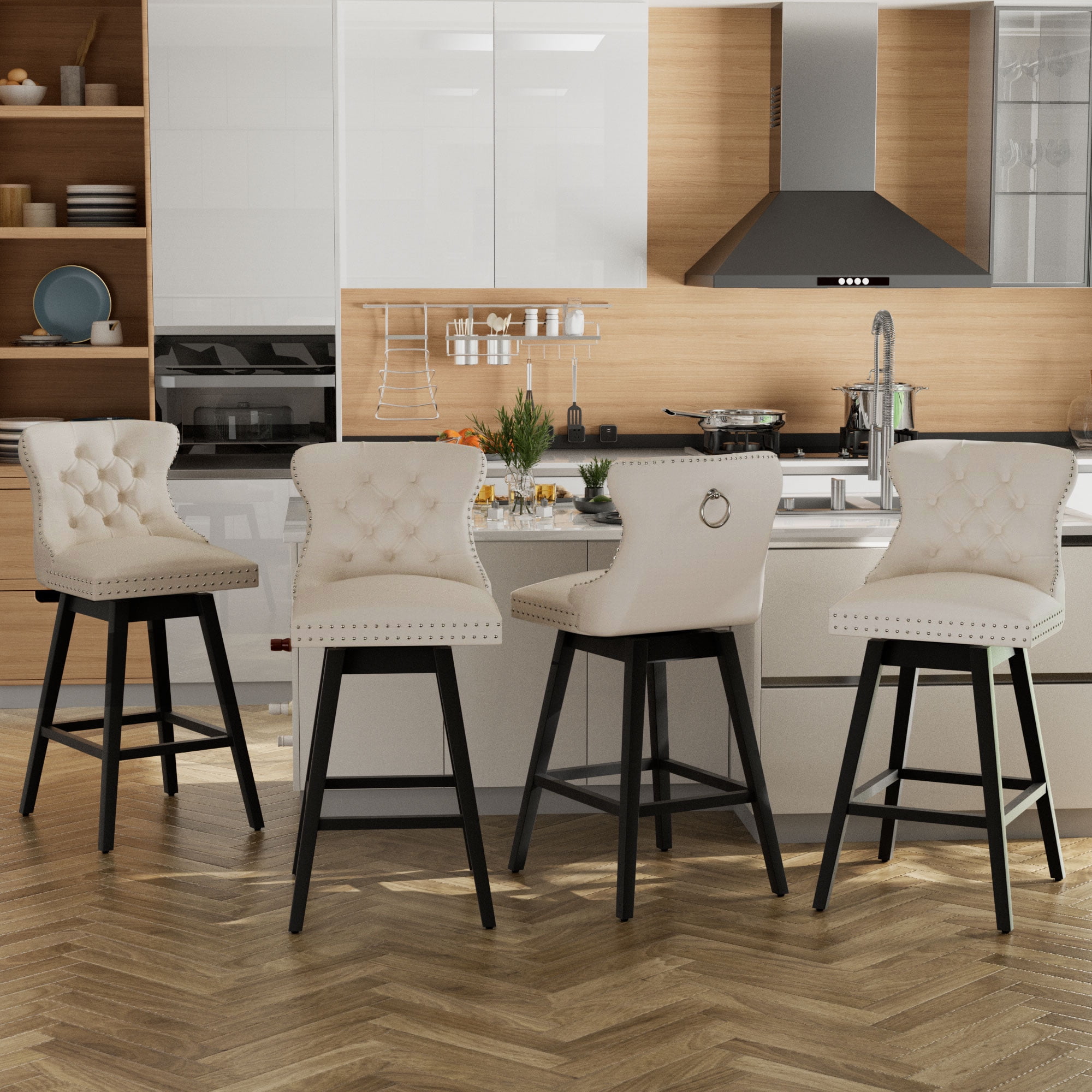 TEWLOSS 26" Swivel Counter Height Bar Stools Set of 4, Beige Velvet Kitchen Stools with Back