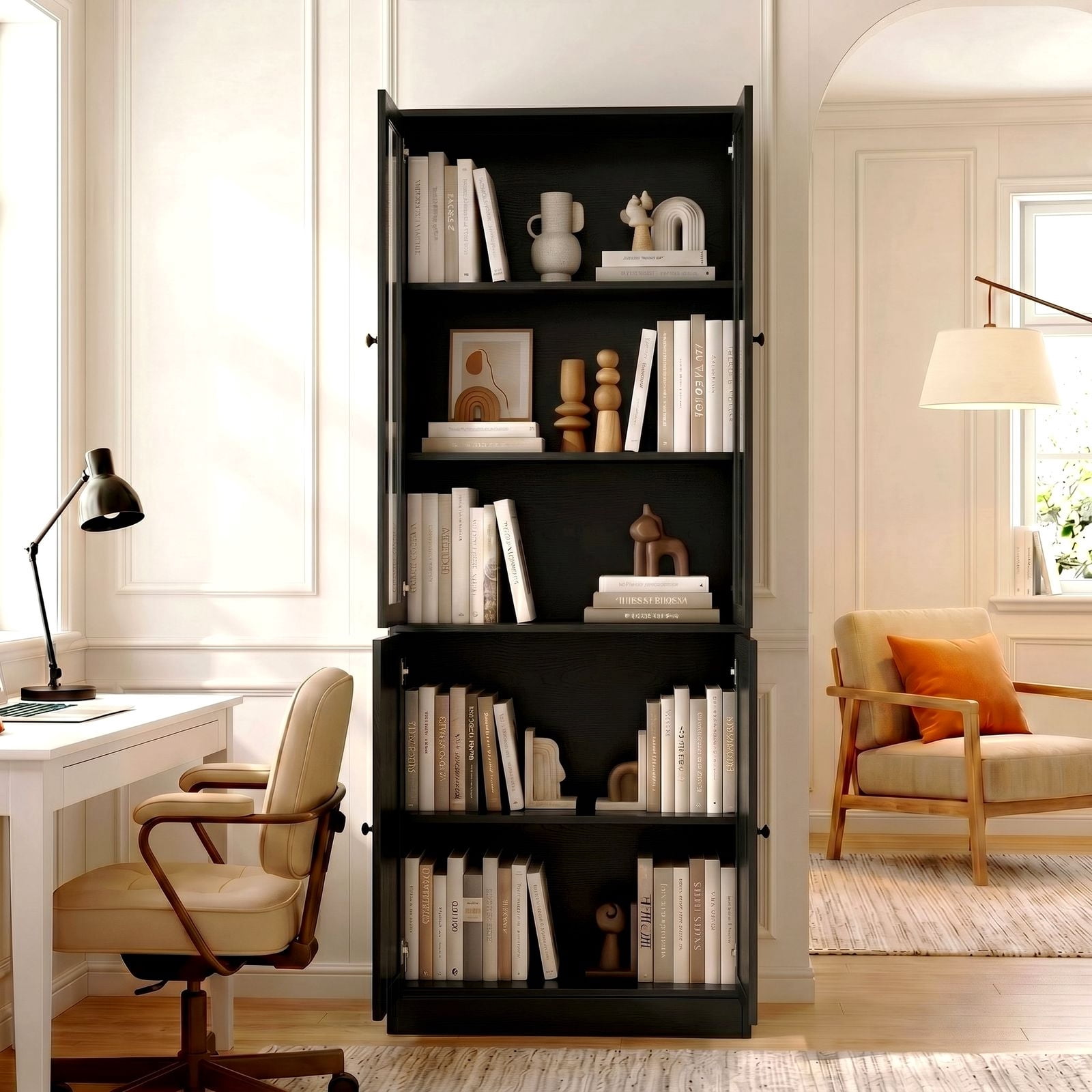 RichYa 71'' Tall Bookcase with Glass Doors, 3-Tier Display Bookshelf & 5-Tier Storage Cabinet for Home Office Living Room