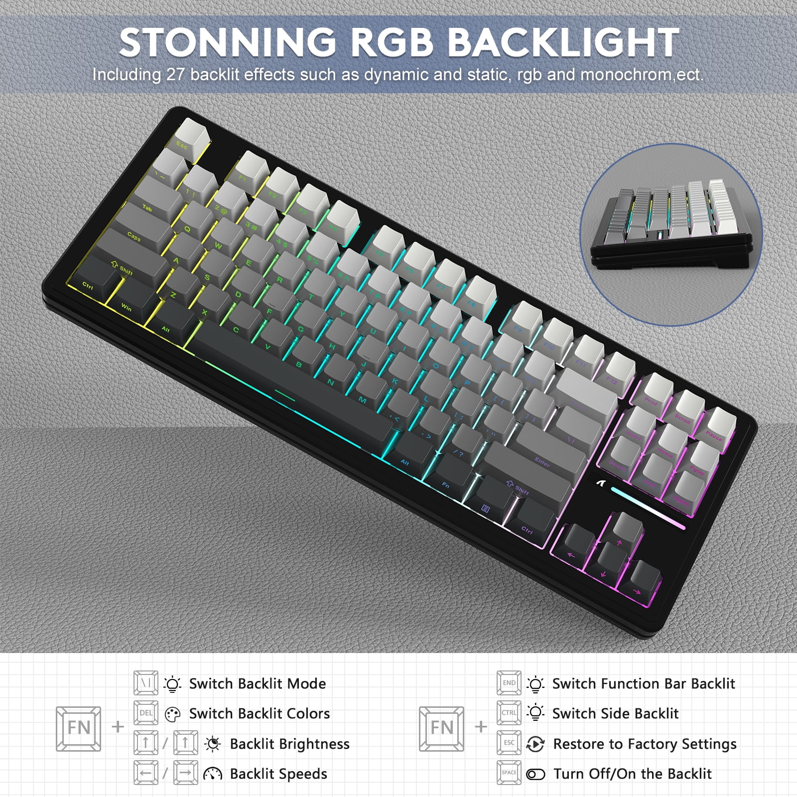 ATTACK SHARK M87PRO TKL Wireless Mechanical Gaming Keyboard, BT5.0/2.4G/USB-C Wired Hot Swap RGB Keyboard 80% US Layout, Linear White Switches Gradient Side Print PBT Keycap for PC Mac