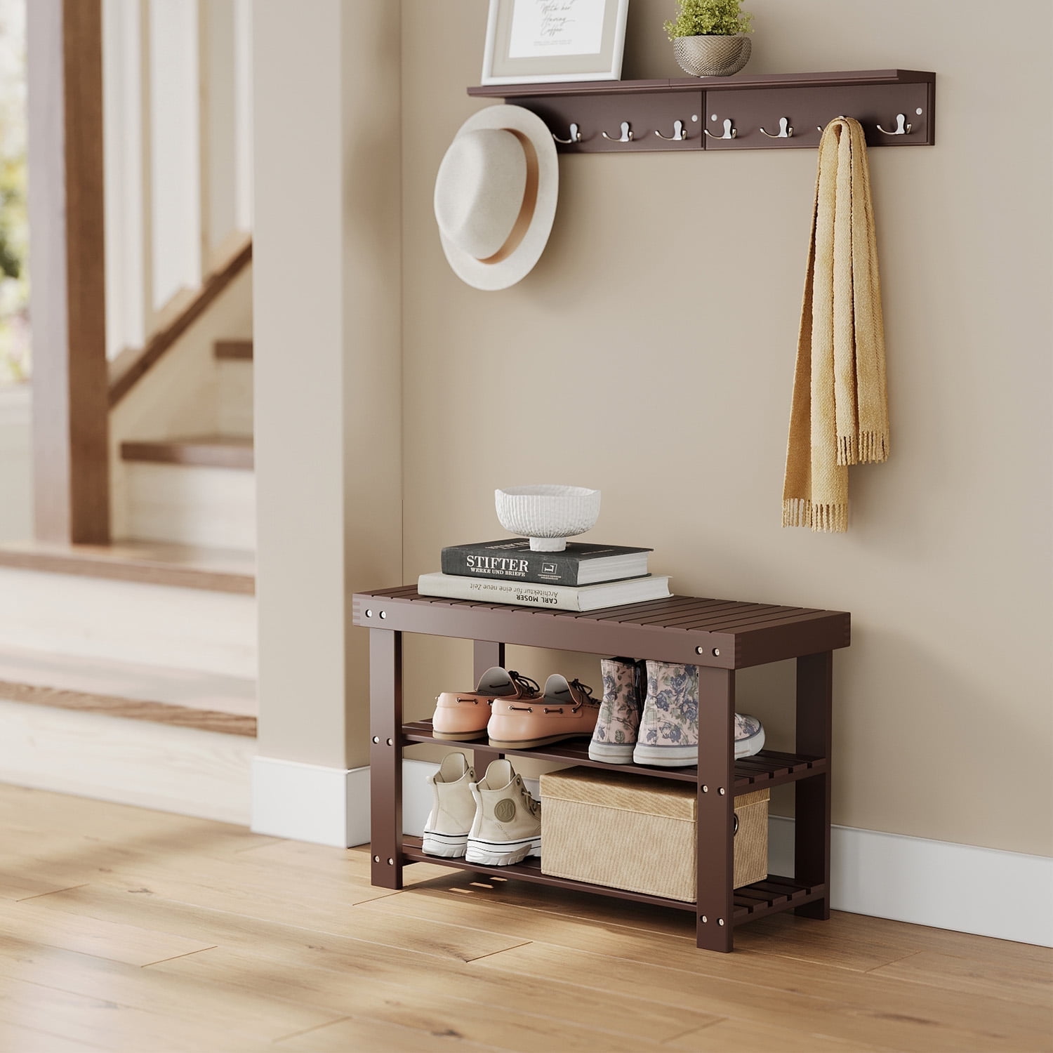 LEDREM 3-Tier Bamboo Shoe Rack Bench , Entryway Storage Organizer with 2 Shelves , Multi-Purpose Hallway Seat & Shelf , Holds 287lb , Easy Assembly , Brown