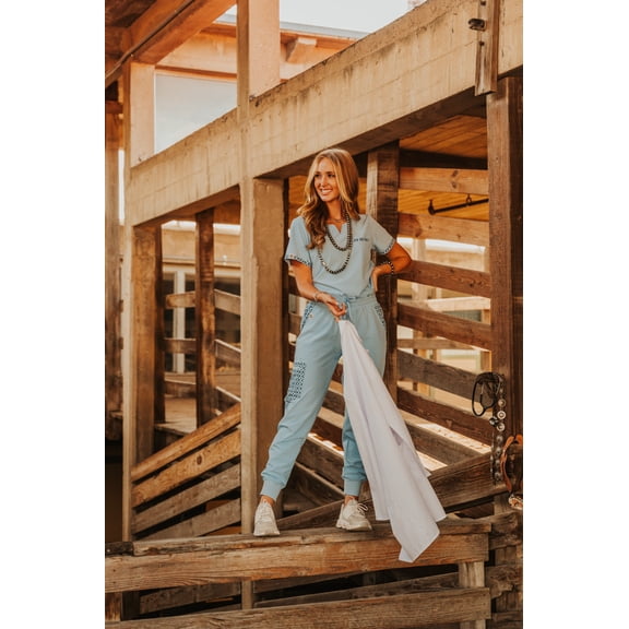 Women's scrub pants, Western, Drawstring, Workwear, Uniform, Scrub Sets, Spurrin' Scrubs-Cecil Blue Aztec Jogger Pants
