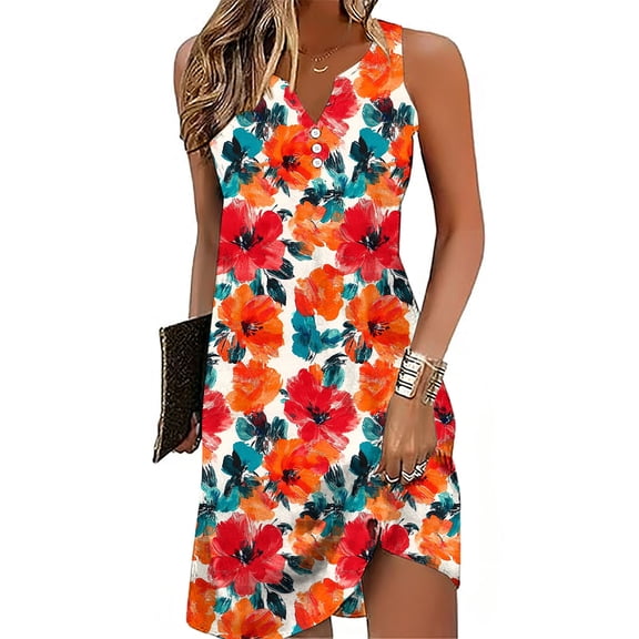 QUNYINEY Tropical Sundresses for Women Plus Size Sleeveless Summer Mini Dresses Loose Fit Beach Vacation V-Neck Tank Dress