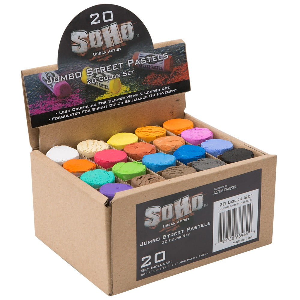 Set of 20 Assorted Colors Bright Smooth Concrete Soho Urban Artist Jumbo Artist Street Pastel Sidewalk Chalk Set for Pavement and Durable 6 Pack Soft Sidewalks or Brick with Rich Pigments