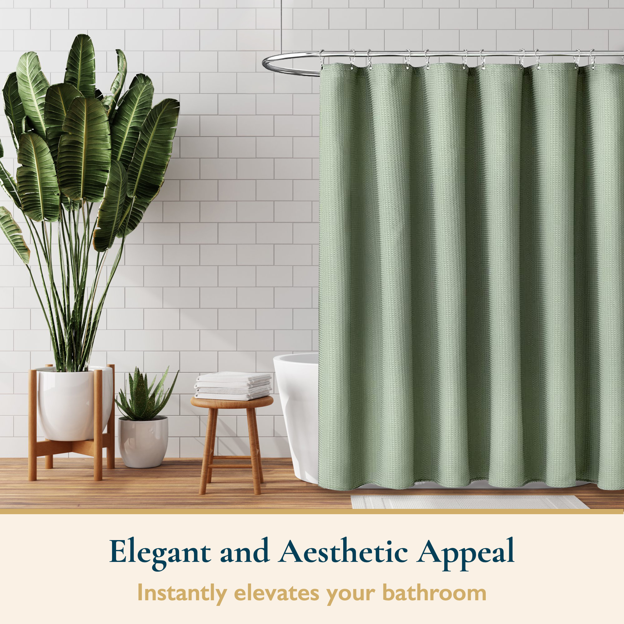 ComfiTime Fabric Shower Curtain With Hooks, 72x72, Green Embossed photo 2