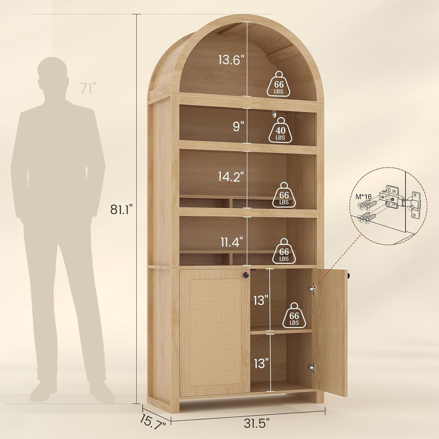 81" Tall Arched Kitchen Pantry Storage Cabinet, 6-Tier Bookcase with 2 Doors for Living Room, Kitchen, Home Office, Oak