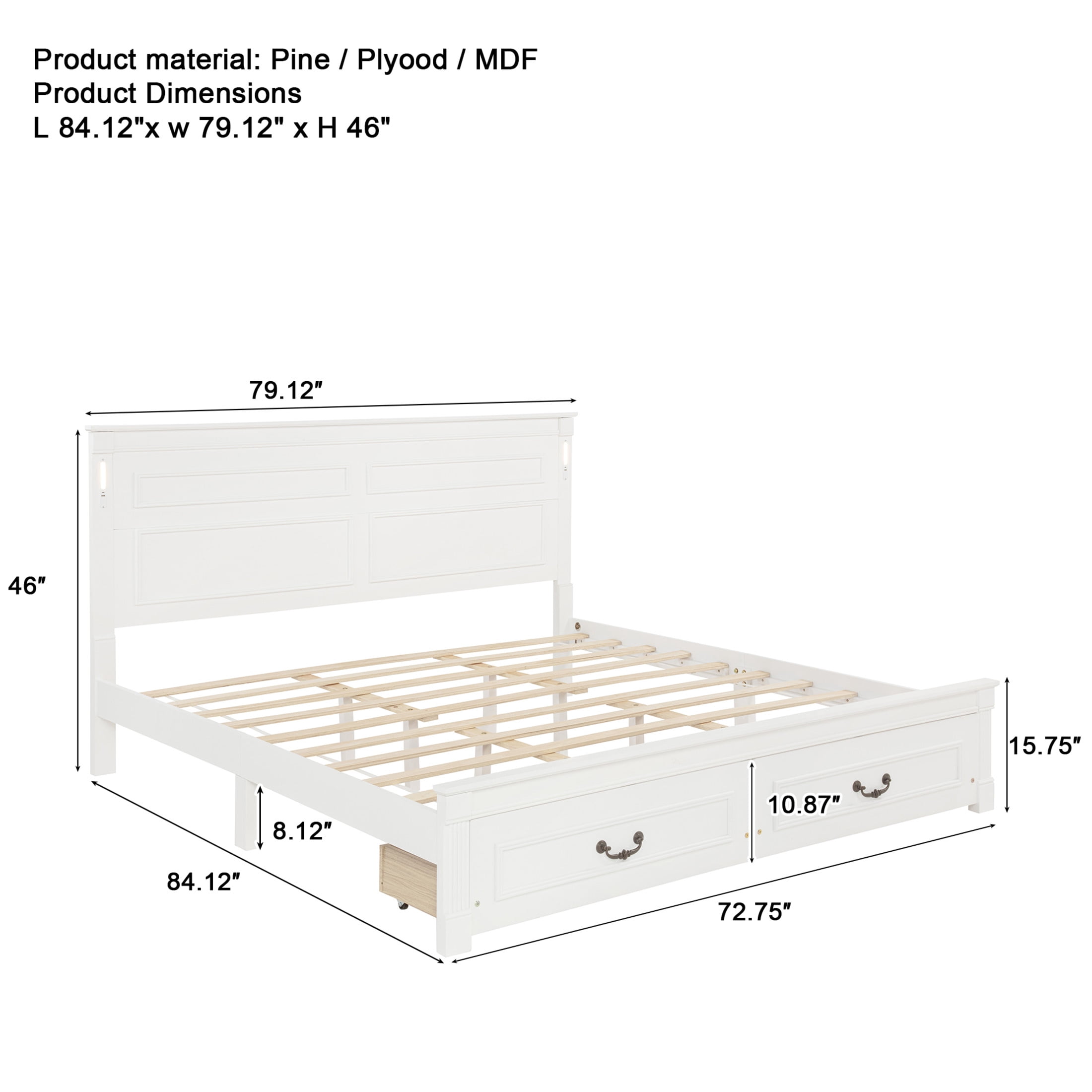 Noble House Corneille King Farmhouse Bed with LED Headboard, USB Charging Station, Storage Drawers, Pine Wood, White