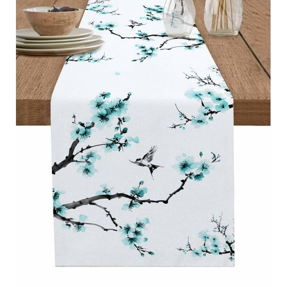 ERUNPONLY Blue Spring Floral Table Runner - 108 Inch Long Birds Watercolor Farmhouse Modern Art Cotton Linen Blended Dress Scarves Farmhouse Table Runner for Kitchen Dining, Coffee Table, 13"x108"