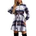 thumbnail image 3 of Vestido a cuadros Longitud midi Cintura con lazo Botonadura única Cuello vuelto con bolsillos Color Bolck Vestido vintage Outwear Azul marino S, 3 of 6