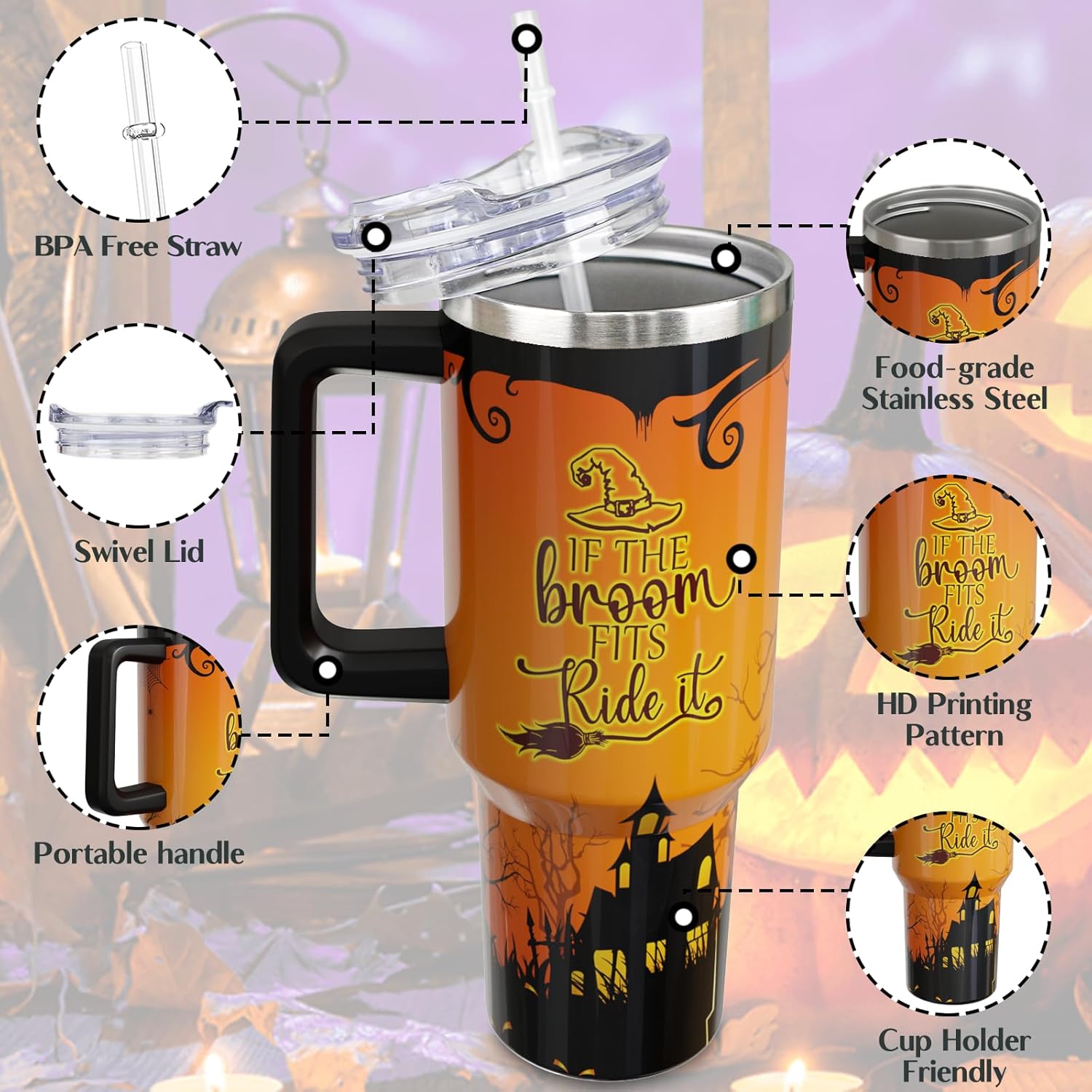Halloween Tumbler 40 oz Tumblers with Handle and Straw Orange Witchy Stainless Steel Insulated Coffee Cups Mugs Halloweens Gifts Stuff for Women Girls