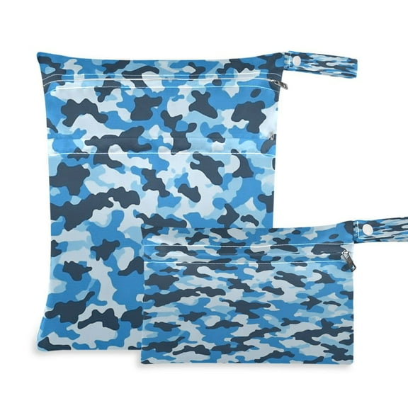 2 Pack Wet Dry Bags Waterproof Reusable Wet Bag with Handle for Travel,Diapers,Dirty Gym Clothes and Toiletries Blue Camouflage Pattern