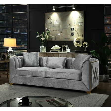 LifeSky Velencia Modern Style Sofa, Silver Velvet Upholstered 3-Seat Sofa with Gold Metal Accent Legs and Solid Wood Frame, 91.6 Inch Sofa for Living Room Living Room