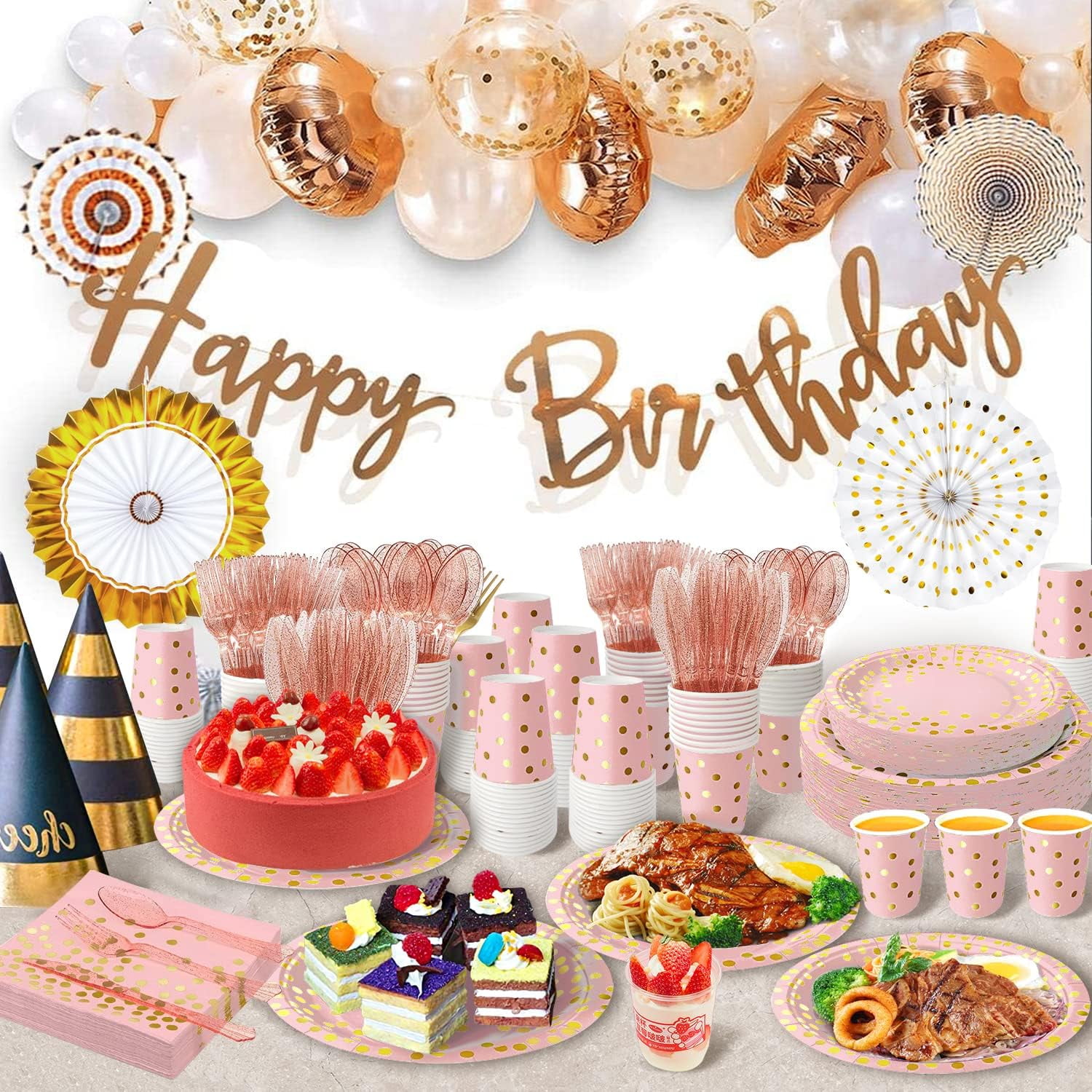 141 Piece Pink Gold Party Supplies Set Serves 20 - Plate Tablecloth Cup Napkins for Wedding Bridal Shower Baby Shower Holiday Parties