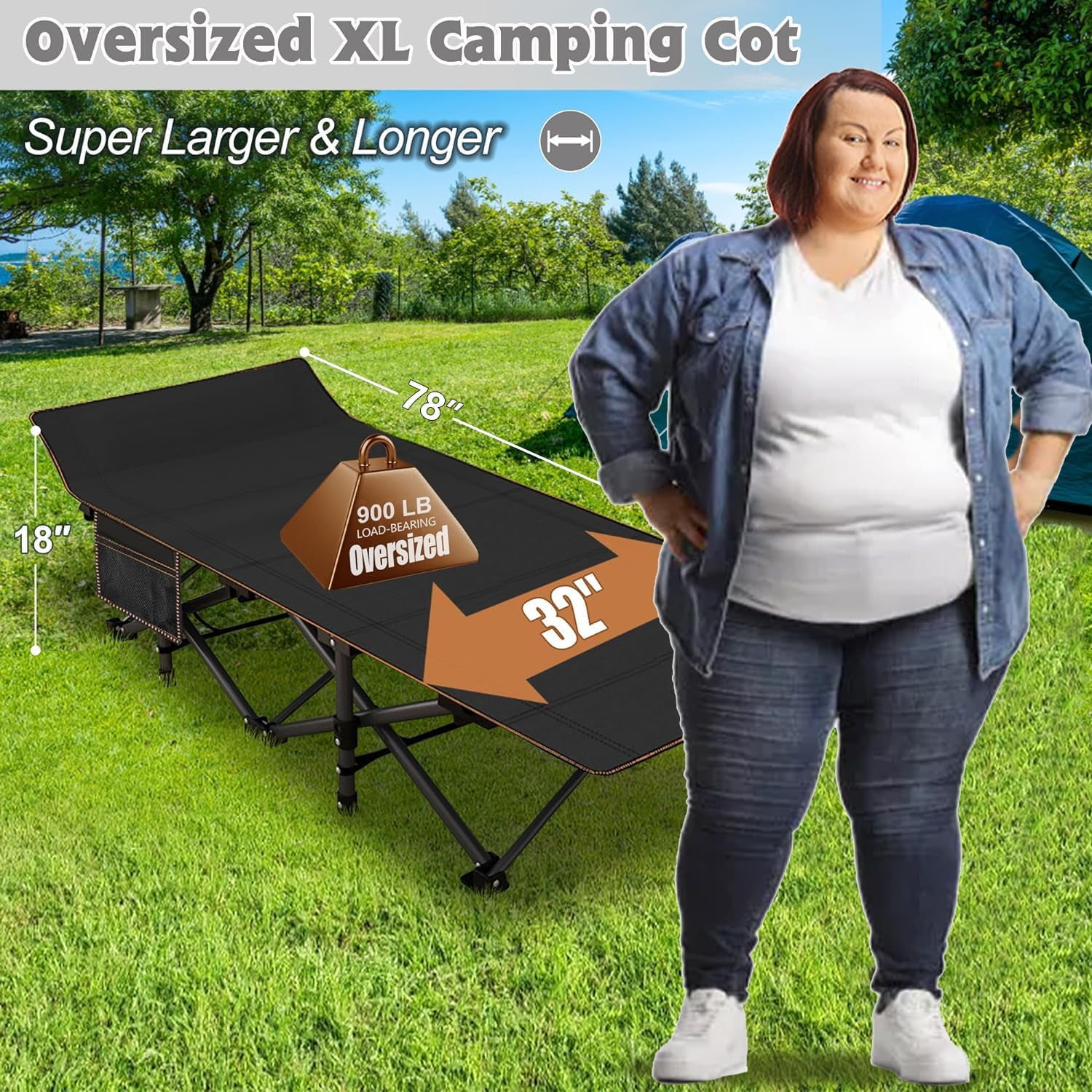 ABORON Oversized XXL Folding Camping Cot for Adults & Kids, 78" L x 32" W x 18" H Large Folding Guest Bed Cots, Sleeping Cot Folding Bed with 2 Sided Mattress & Carry Bag