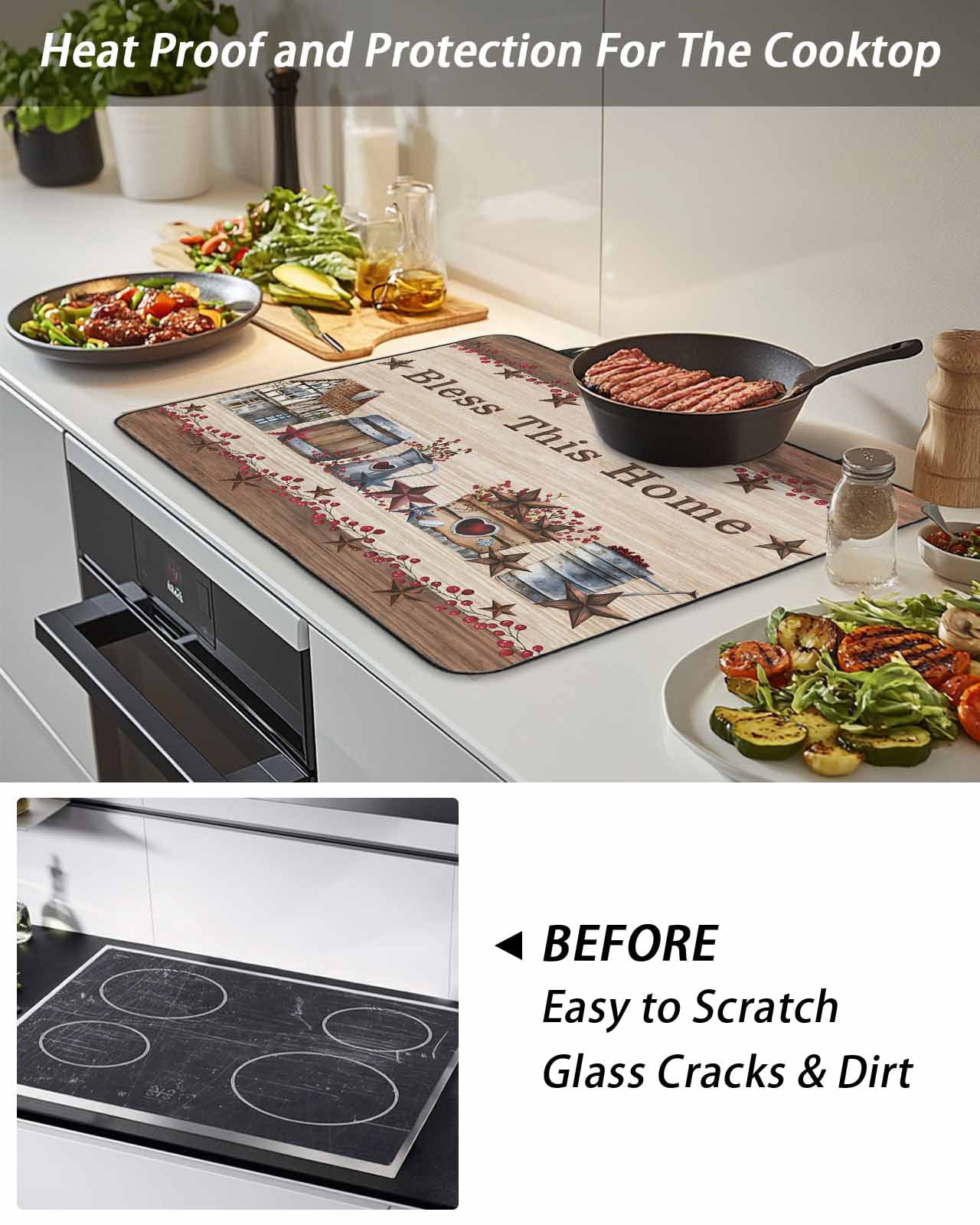 Stove Top Covers for Electric Stove, Farmhouse Glass Stovetop Cover Protector, Brown Country Star Berry Vintage Wood Grain Induction Cooktop Protector Oven Mat for Kitchen Countertop 24"x21"