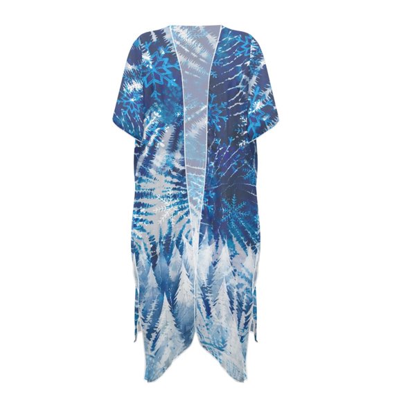 HELLHERO Blue and White Tie-Dye Design Beach Cover Ups for Women Polyester Kimono Free Size Long Kimono Swimsuit Cover Up for Womens