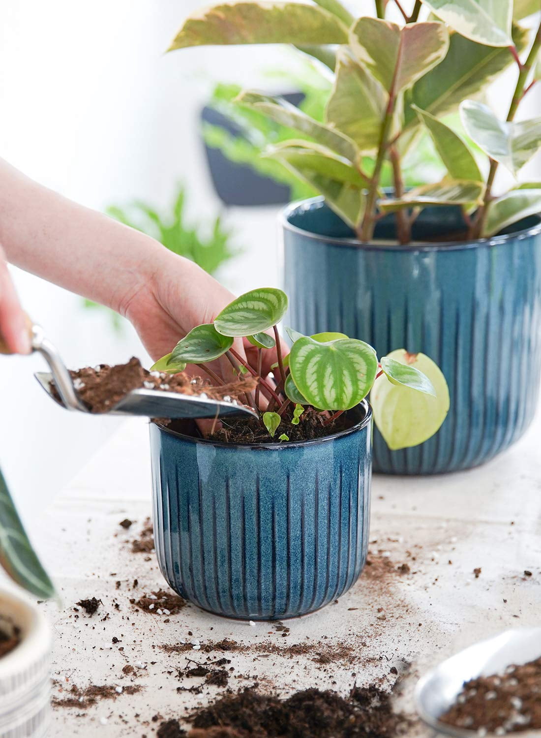 BEMAY  Set of 3  Plant Pots, Ceramic Planters for Indoor Plants, 8.3+6.9+5.7 inch Flower Pots with Drainage Holes, Indoor Planters for House Plants,Glaze Ocean Blue