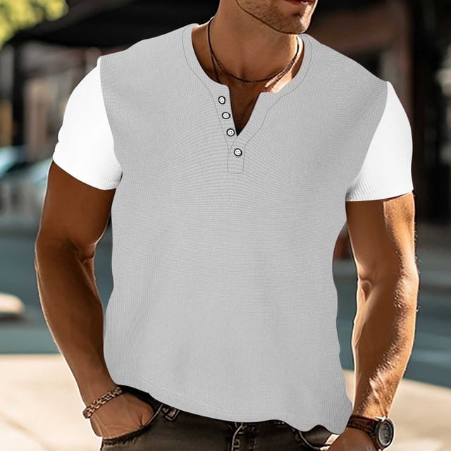 pstuiky camisetas camisas para hombre, Camiseta de manga corta para hombre, de 1 botón, talla europea, color liso, holgada, transpirable, informal, de manga corta y cuello redondo. m