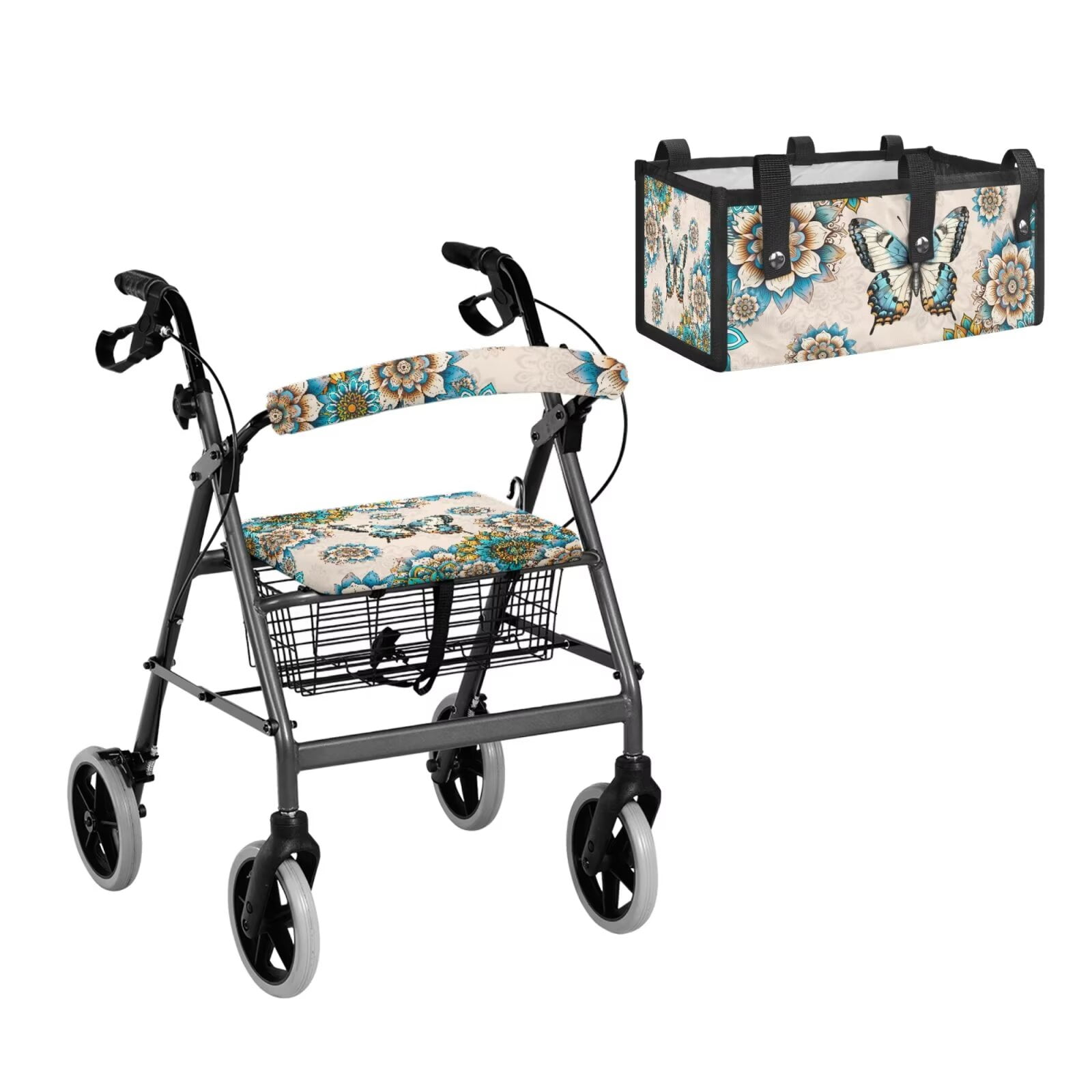 COEQINE Rollator Walker Seat and Backrest Covers with Storage Bag 3 Pieces Set, Universal Washable Rollator Walker Accessories Gifts for Seniors Ladies, Butterfly Boho Mandala Floral