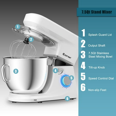 Costway - Tilt-Head Stand Mixer 7.5 Qt 6 Speed 660W with Dough Hook, Whisk & Beater - White