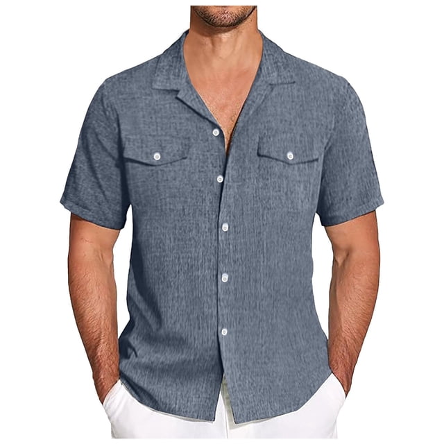 WEAIXIMIUNG Compression Shirt Mens Linen Short Sleeve Button Down Shirt Casual Cuban Summer Beach Shirts Vacation