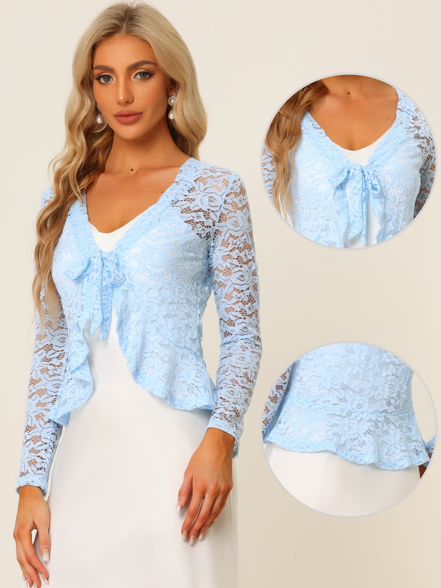 DARING DIVA Women's Ruffled Hem Floral Lace Crop Shrug Cardigan 3X-Large Light Blue