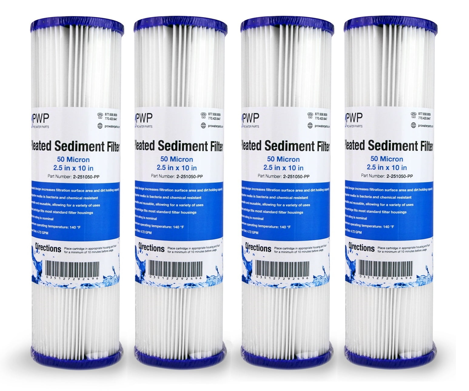 Pleated Poly Sediment Water Filter Cartridge Standard 2.5x10" 50 Micron