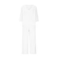 thumbnail image 4 of UVEASISHA Linen Sets for Women 2 Piece Comfy Loungewear 3/4 Sleeve V Neck Tops and Pants Matching Lounge Sets White S, 4 of 6