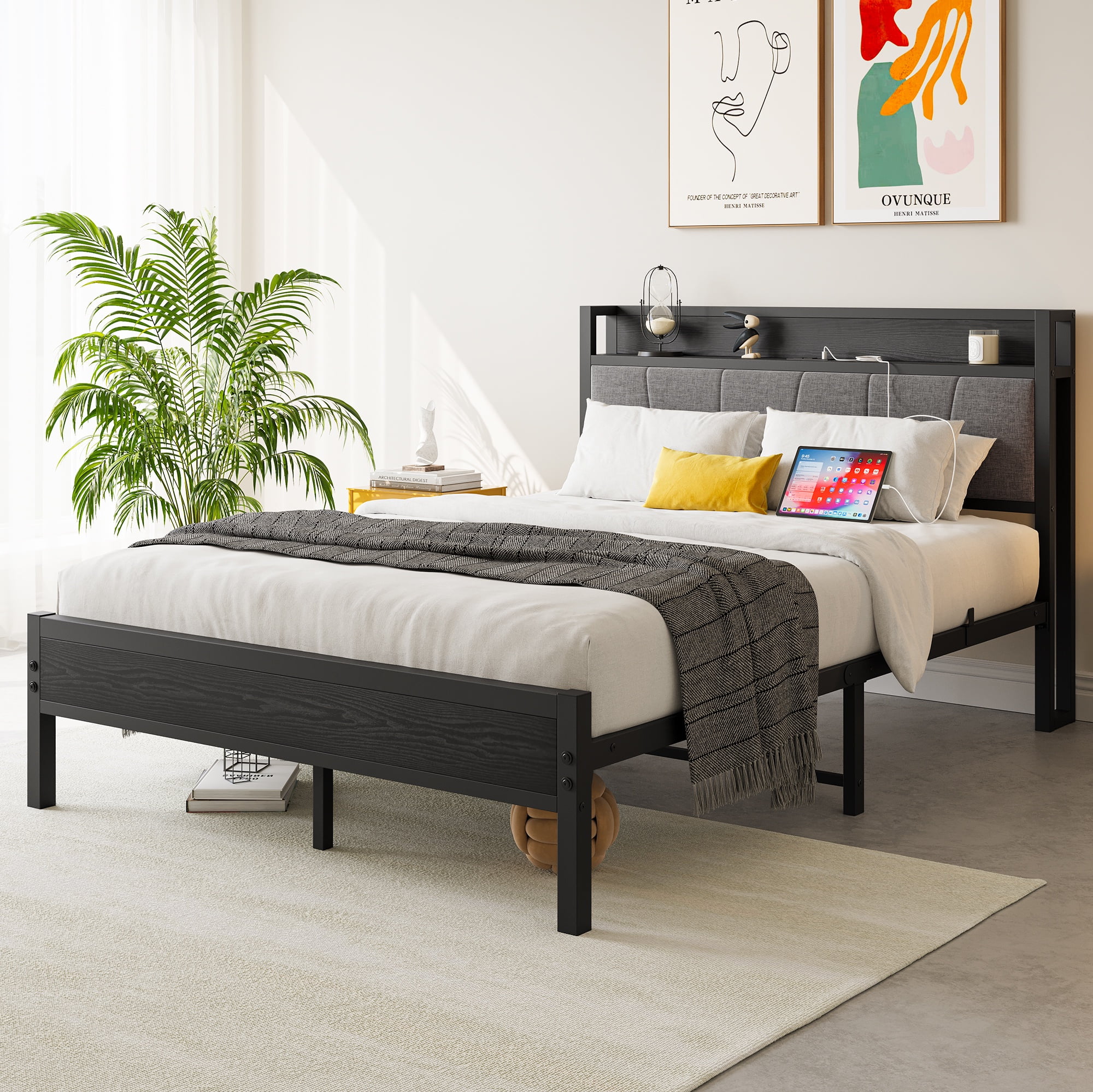 Miniyam Full Size Upholstered Bed with Storage Headboard & Charging Station for Adult, Black