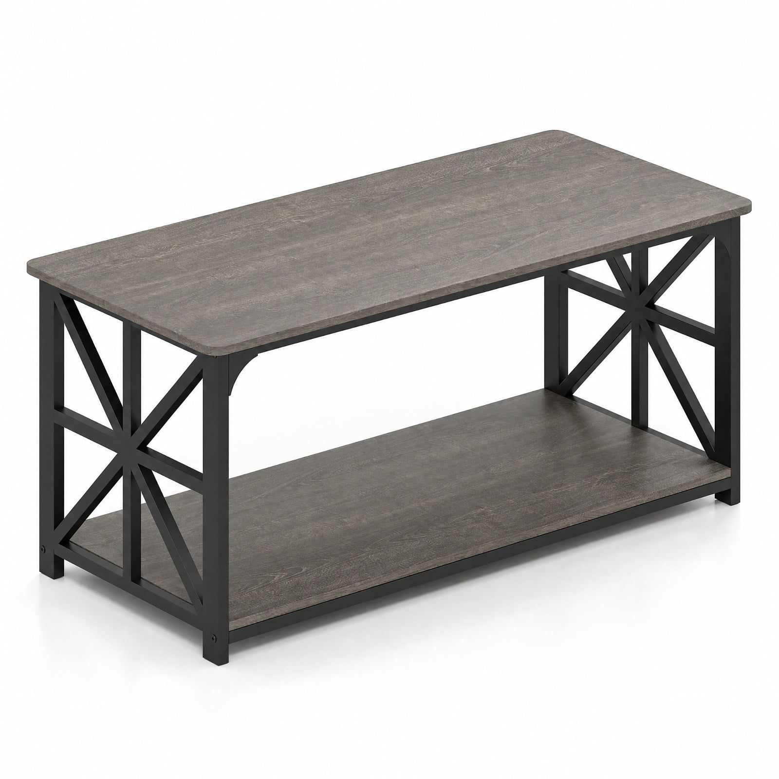 Furnibear 2-Tier Center Coffee Table with Bottom Storage Shelf and Carbon Steel X-Frame for Living Room and Home Office, Rustic, Oak