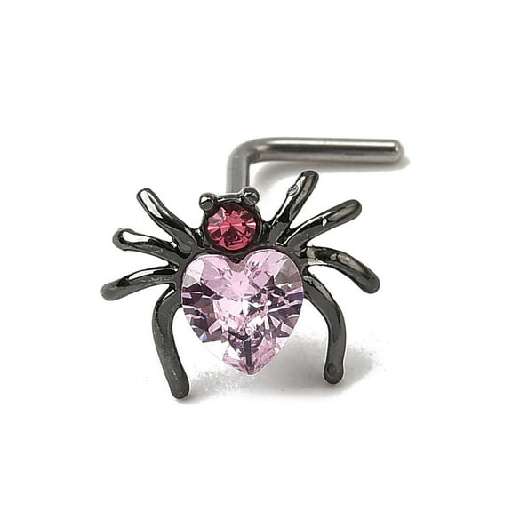 Heart Spider 316L Surgical Stainless Steel with Cubic Zirconia L-Shaped Nose Rings Gunmetal and Stainless Steel color Pink Bar Length: 9/32"(7mm) Pin: 0.8mm