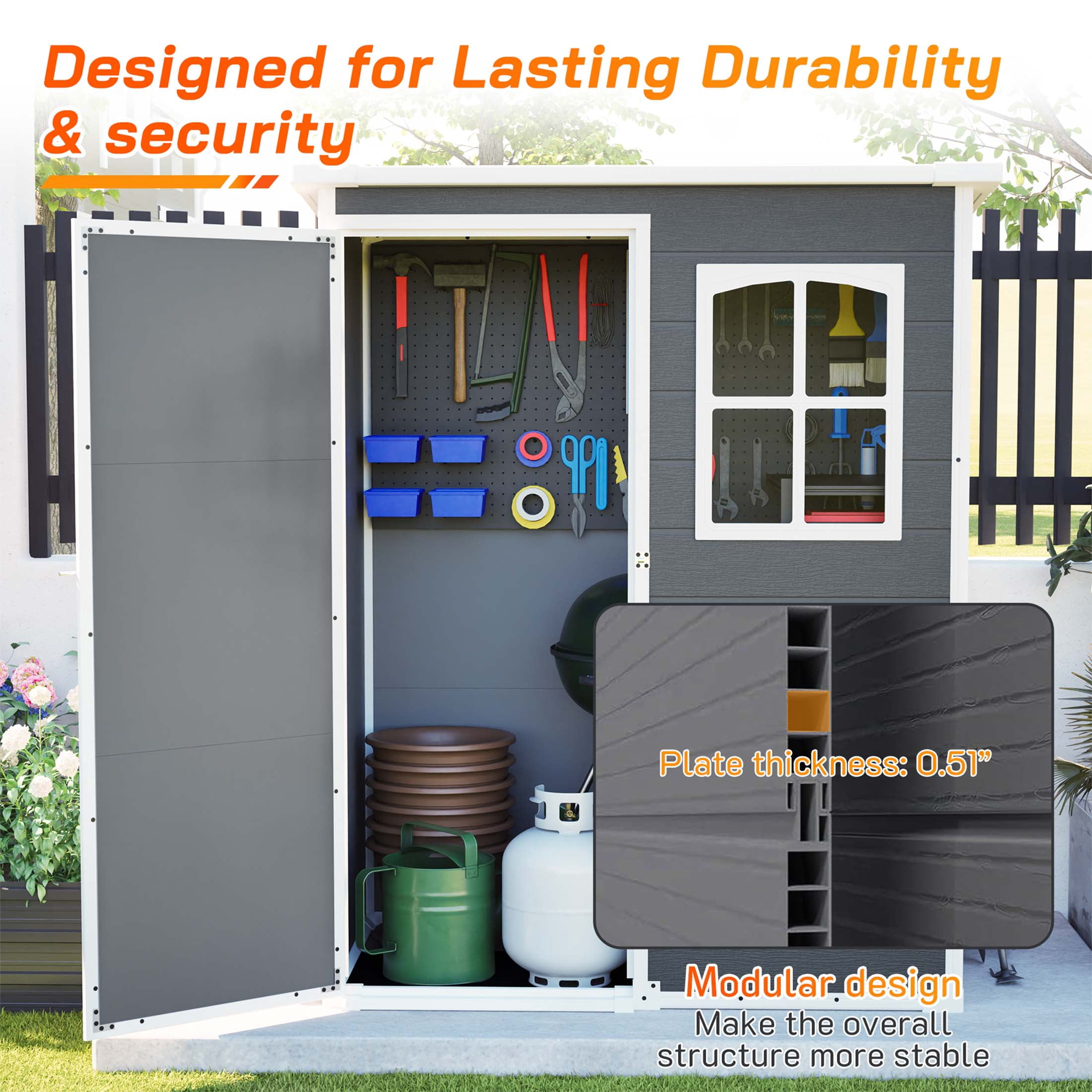 LZBEITEM 5x3 ft Resin Outdoor Storage Shed with Floor, Garden Plastic Tool Shed with Window and Lockable Door, Colorfast, for Garden Backyard, Gray