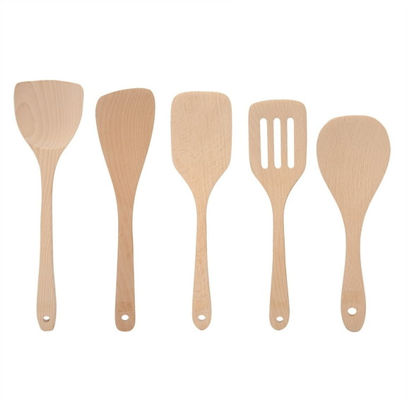 5-Piece Wooden Utensil Set, Natural Wood Spatula & Spoon Kit for Non-Stick Cookware