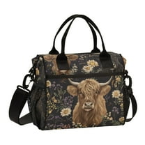 FORMRS Insulated Lunch Bag Unisex Large Capacity with Shoulder Strap, Cows and Flowers