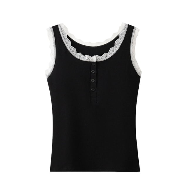 Ymauqau Plus Size Tank Tops for Women Ribbed Knit Scoop Neck Half Button Lace Trim Slim Sleeveless T-Shirts Basic Cami Shirts