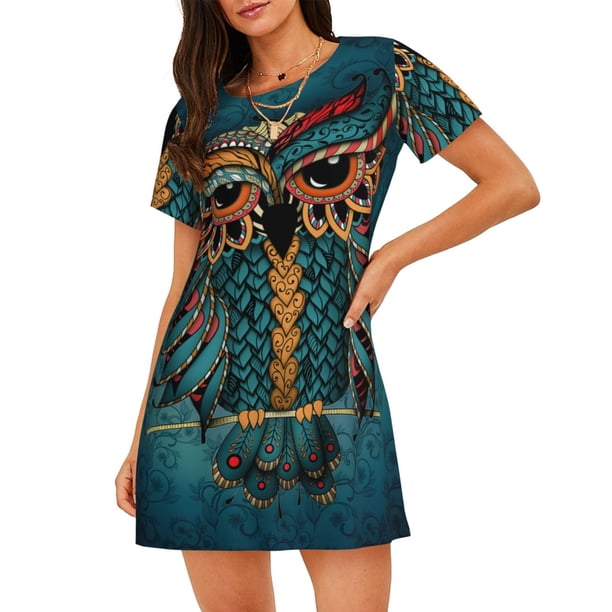 Fotbe Owl In Blue Bata de Dormir para Mujer con Estampado, Camisón de Algodón de Manga Corta, Ropa de Dormir Casual