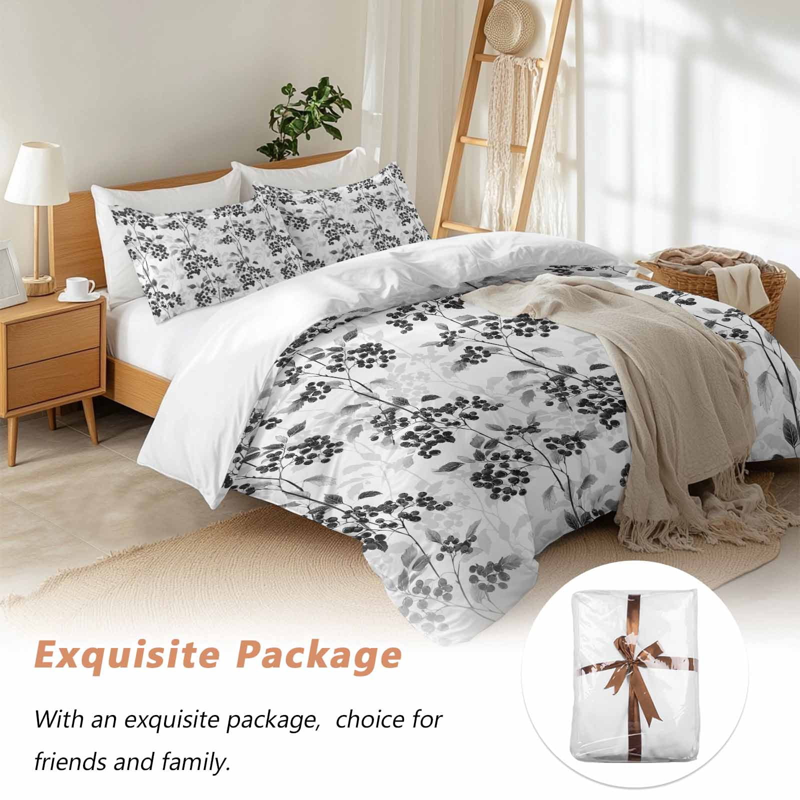 Black Gray Fruit Bedding 3 Piece Duvet Cover Set California King, Vintage Plant Nature Botanical Flower Soft Microfiber Comforter Cover with Zipper Closure & Pillowcases, FadeResistant Quilt Cover