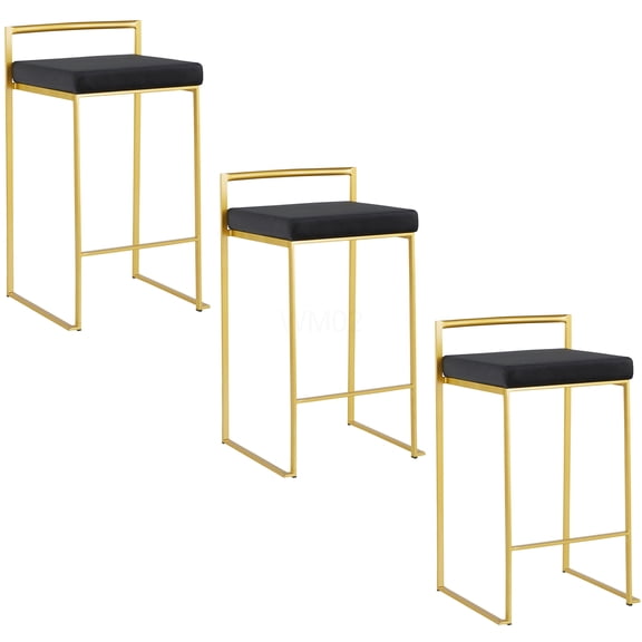Gold and Black Velvet Counter Stool Set of 3, 26 Inch Stackable Bar Stools with Upholstered Cushion Seats for Kitchen Island